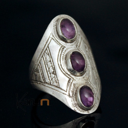 Bague en Argent Navette Gravée 44 - 3 Pierres Améthyste Violet