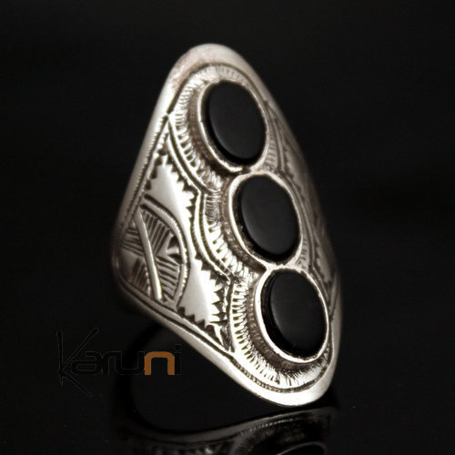Bague en Argent Navette Gravée 44 - 3 Pierres Onyx Noir
