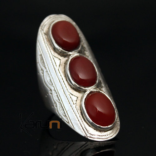 Bague en Argent Navette Gravée 41 Longue 3 Pierres Agate Rouge