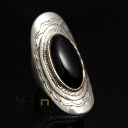 Bijoux Touareg Ethniques Bague en Argent Navette Grave 40 Longue Pierre Onyx Noir