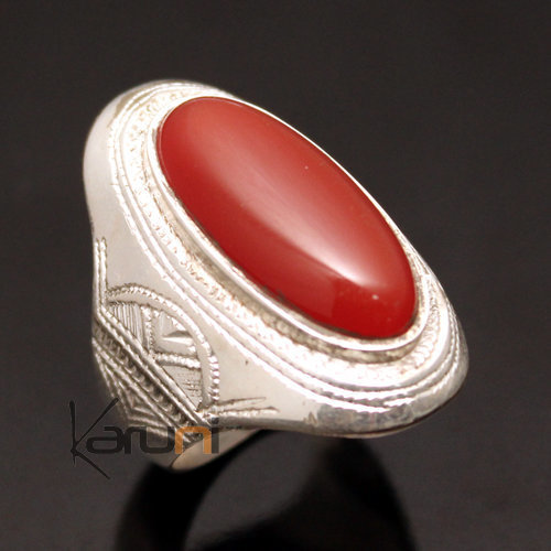 Bague en Argent Navette Gravée 46 Pierre Agate Rouge