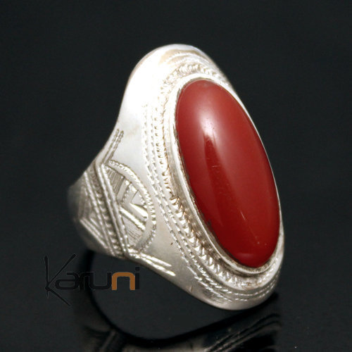 Bague en Argent Navette Gravée 46 Pierre Agate Rouge