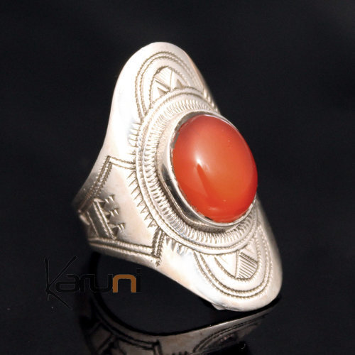 Bague en Argent Navette Gravée 47 Pierre Agate Rouge