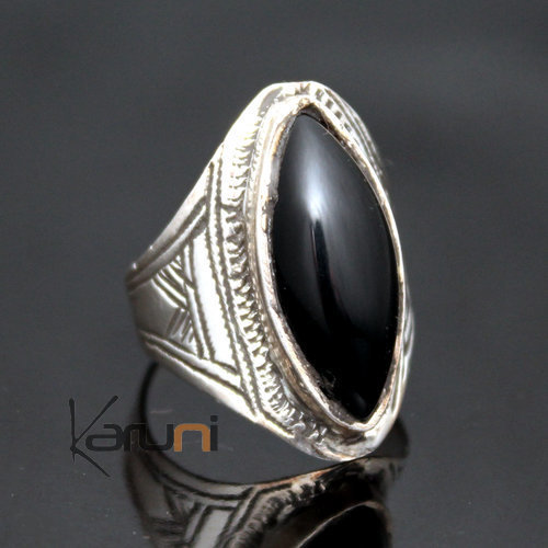 Bague en Argent Navette Gravée 48 Pierre Onyx Noir