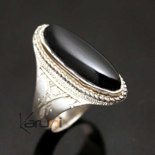 Bijoux Touareg Ethniques Bague en Argent Navette Grave 49 Pierre Onyx Noir b