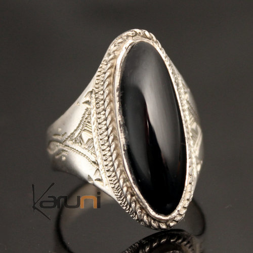 Bague en Argent Navette Gravée 49 Pierre Onyx Noir