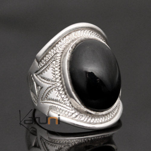 Bijoux Touareg Ethniques Bague en Argent Bandeau Grav Homme/Femme 27 Pierre Onyx Noir