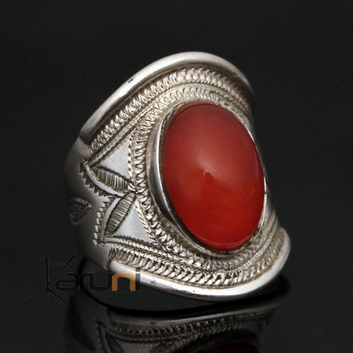 Bague en Argent Bandeau Gravé Homme/Femme 27 Pierre Agate Rouge