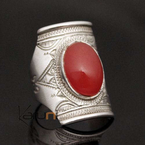 Bijoux Touareg Ethniques Bague Chevalire en Argent Grave homme/femme 40 Agate Rouge