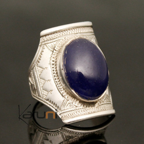 Bijoux Touareg Ethniques Bague Chevalire en Argent Grave homme/femme 40 Agate Bleue