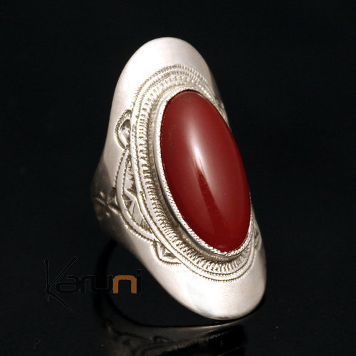 Bague en Argent Navette Gravée 43 Longue Pierre Agate Rouge b