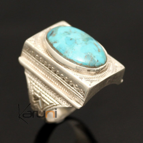 Bijoux Touareg Ethniques Bague en Argent et Turquoise 11 Chevalire Rectangle c