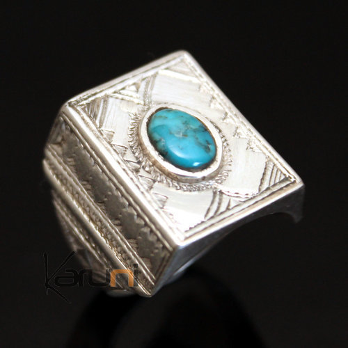 Bijoux Touareg Ethniques Bague en Argent et Turquoise 12 Chevalire Rectangle b