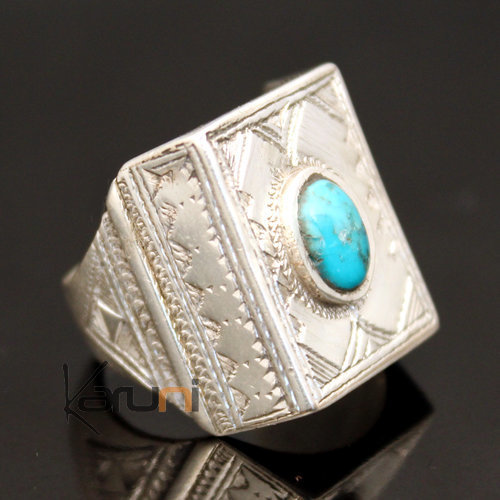 Bijoux Touareg Ethniques Bague en Argent et Turquoise 12 Chevalire Rectangle