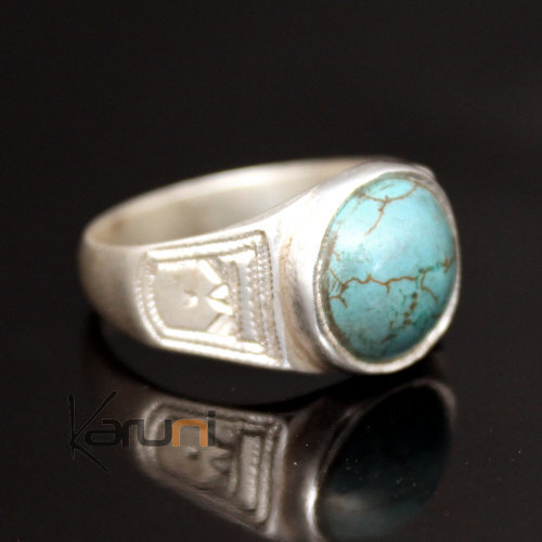 Bijoux Touareg Ethniques Bague en Argent et Turquoise 17 Ronde b