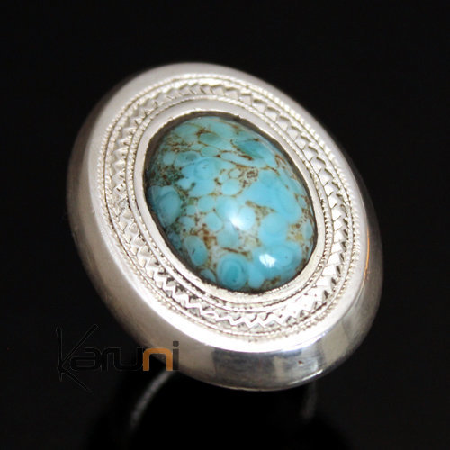 Bijoux Touareg Ethniques Bague en Argent et Turquoise 18 Grande Ovale c