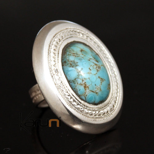 Bijoux Touareg Ethniques Bague en Argent et Turquoise 18 Grande Ovale