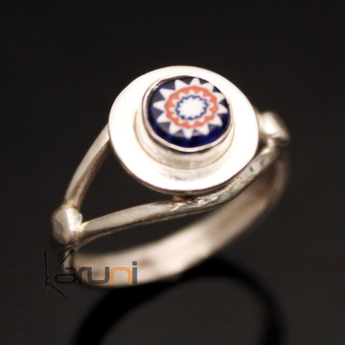 Bijoux Touareg Ethniques Bague en Argent et Verre de Murano 01 Ronde Fine