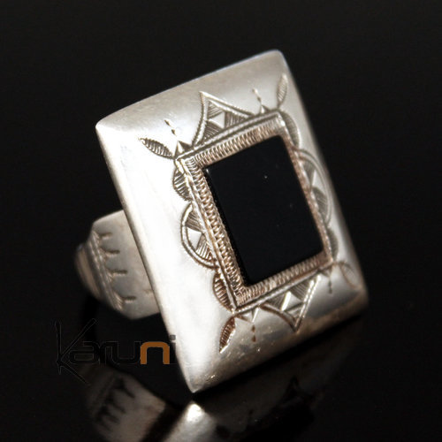 Bijoux Touareg Ethniques Bague en Argent et Onyx Noir 10 Grand Rectangle Grav