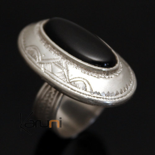 Bijoux Touareg Ethniques Bague en Argent et Onyx Noir 11 Ovale Haute