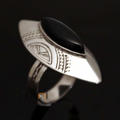 Bague en Argent et Onyx Noir 12 Navette Longue