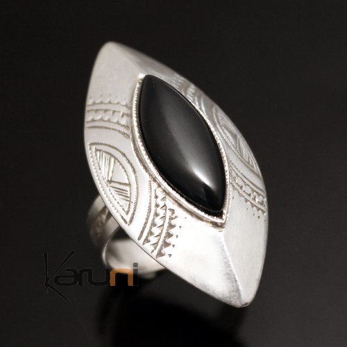 Bijoux Touareg Ethniques Bague en Argent et Onyx Noir 12 Navette Longue