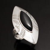 Bijoux Touareg Ethniques Bague en Argent et Onyx Noir 12 Navette Longue