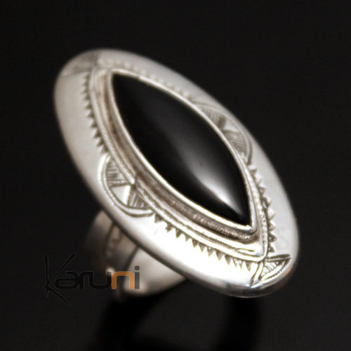 Bague en Argent et Onyx Noir 23 Navette Longue