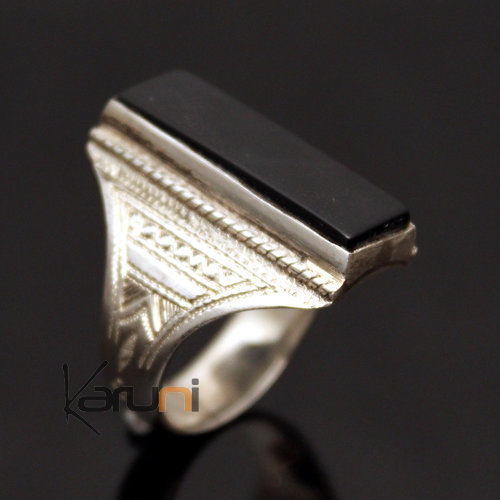 Bijoux Touareg Ethniques Bague en Argent et Onyx Noir 24 Rectangle Design b