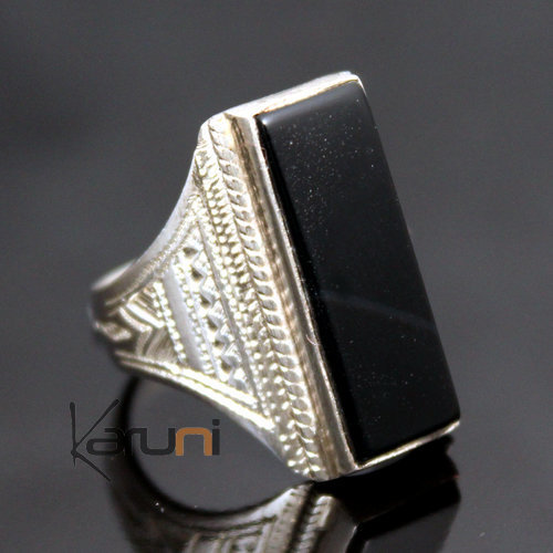 Bijoux Touareg Ethniques Bague en Argent et Onyx Noir 24 Rectangle Design