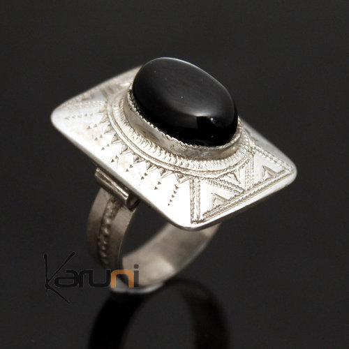 Bijoux Touareg Ethniques Bague en Argent et Onyx Noir 16 Rectangle b