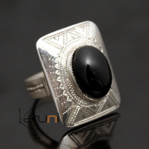 Bijoux Touareg Ethniques Bague en Argent et Onyx Noir 16 Rectangle c