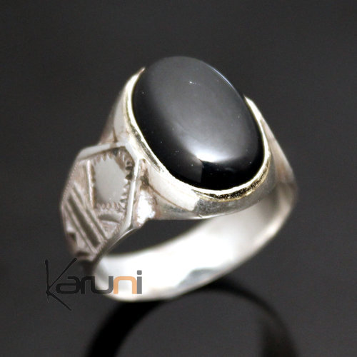 Bijoux Touareg Ethniques Bague en Argent et Onyx Noir 39 Chevalire Ovale c