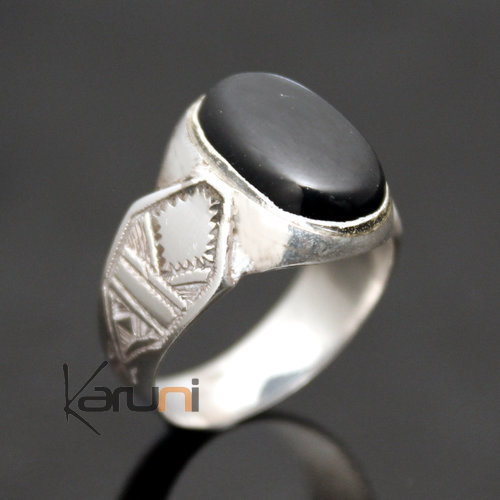 Bague en Argent et Onyx Noir 39 Chevalière Ovale