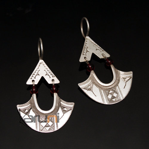 Bijoux Touareg Ethniques Boucles d'Oreilles en Argent Feuille 04 Longues Pendants Perles Rouges