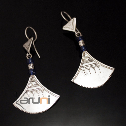 Bijoux Touareg Ethniques Boucles d'oreilles en Argent 43 shat-shat lotus 5,5 cm Bleu