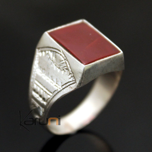 Bague en Argent et Agate Rouge 09 Chevalière Rectangle