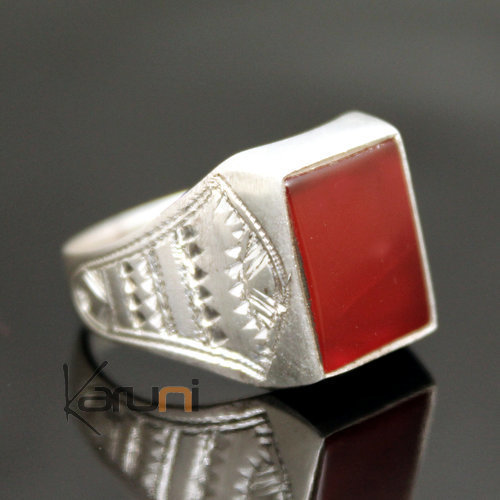 Bague en Argent et Agate Rouge 09 Chevalière Rectangle