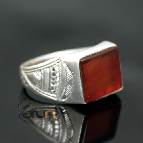 Bague en Argent et Agate Rouge 10 Chevalière Rectangle