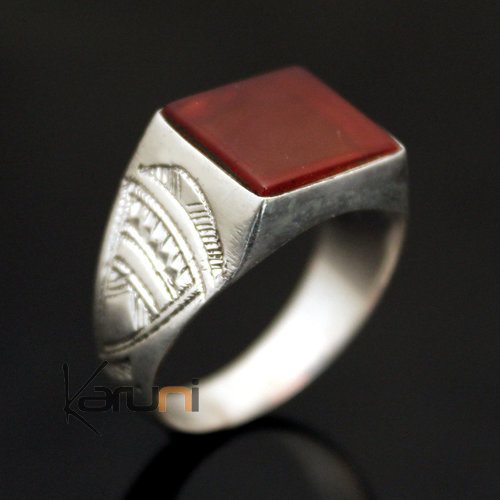 Bague en Argent et Agate Rouge 10 Chevalière Rectangle