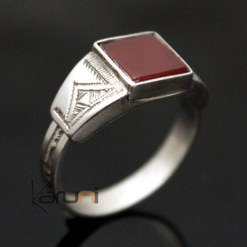 Bague en Argent et Agate Rouge 11 Chevalière Carrée