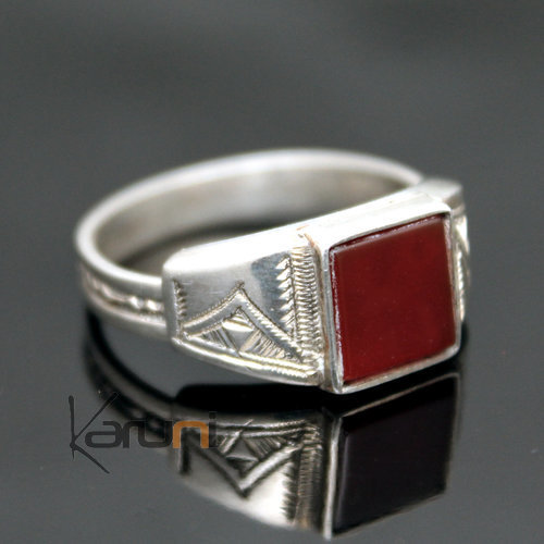 Bague en Argent et Agate Rouge 11 Chevalière Carrée