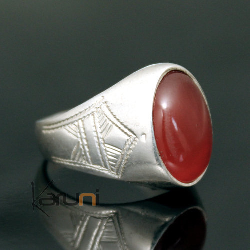 Bague en Argent et Agate Rouge 14 Chevalière Ovale