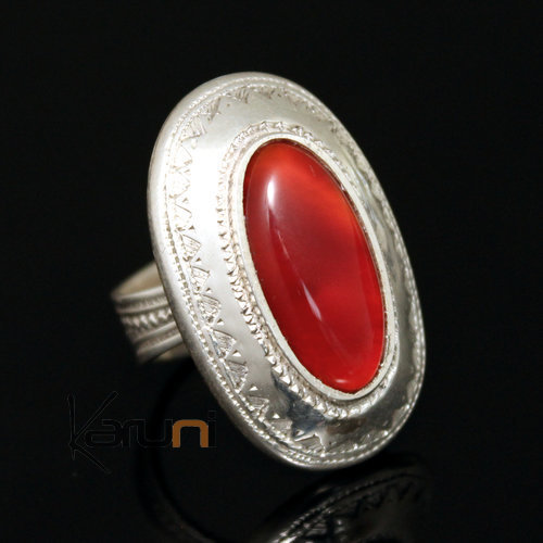 Bague en Argent et Agate Rouge 16 Ovale Gravé