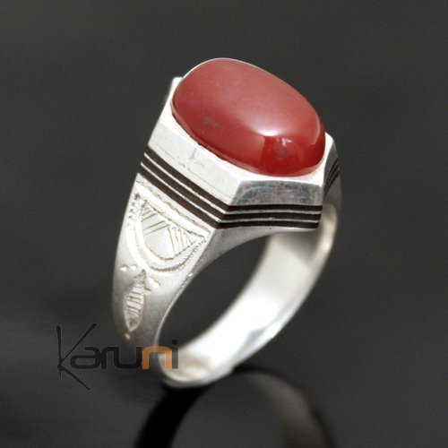 Bijoux Touareg Ethniques Bague en Argent et Agate Rouge 17 Chevalire Homme/Femme Ovale