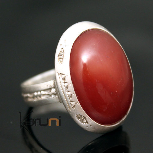 Bijoux Touareg Ethniques Bague en Argent et Agate Rouge 22 Ovale