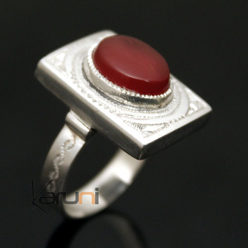 Bijoux Touareg Ethniques Bague en Argent et Agate Rouge 23 Rectangle Grav Homme/Femme b