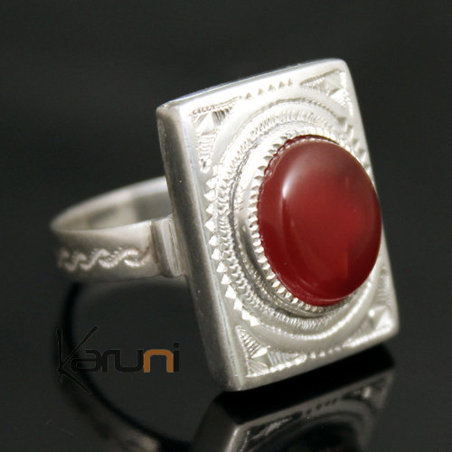 Bague en Argent et Agate Rouge 23 Rectangle Gravé Homme/Femme