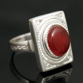 Bijoux Touareg Ethniques Bague en Argent et Agate Rouge 23 Rectangle Grav Homme/Femme