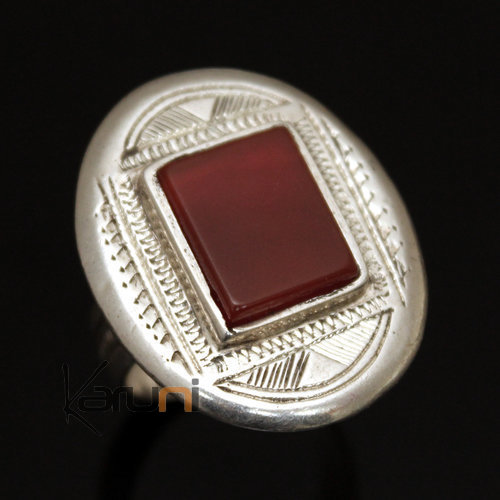 Bague en Argent et Agate Rouge 24 Ovale Gravé